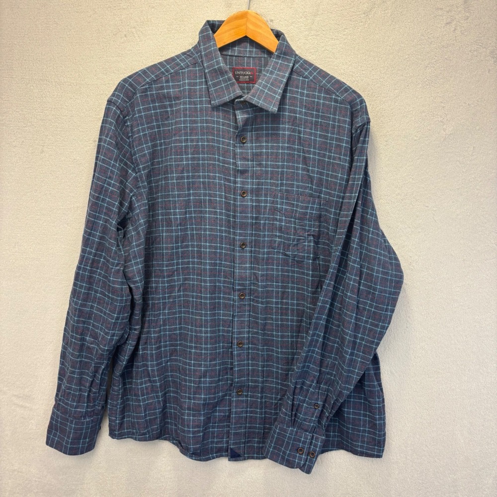 UNTUCKit Button Down Shirt Mens XXL Blue Red Grid Plaid Cotton Long Sleeve
